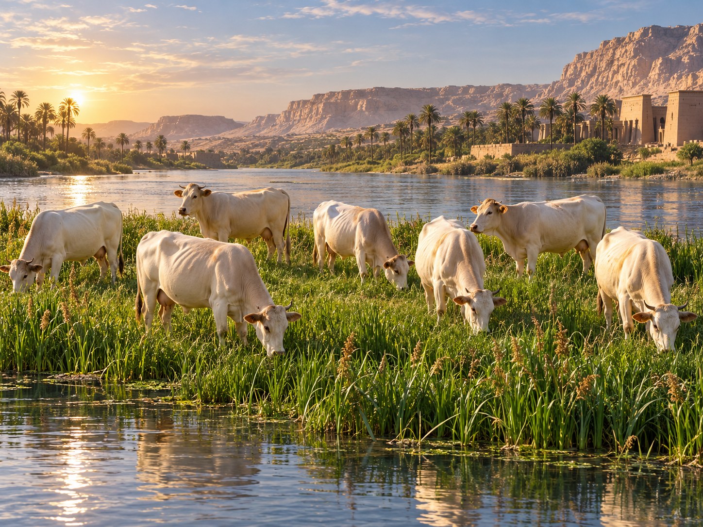 Sete vacas robustas saindo da água rasa de um grande rio e pastando entre juncos altos, sob luz dourada de fim de tarde.