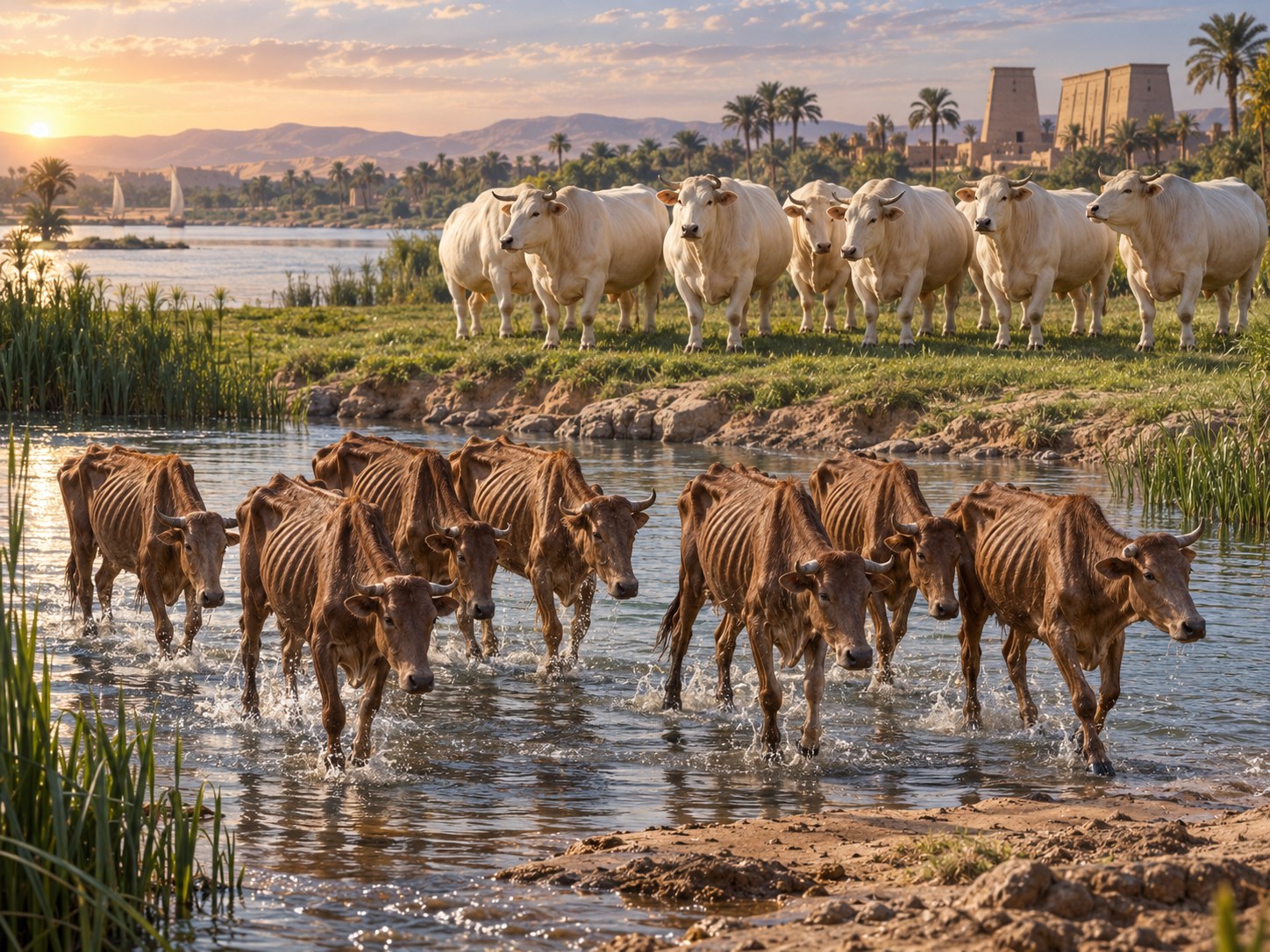 Sete vacas esqueléticas paradas na margem lamacenta de um rio, ao lado de sete vacas robustas que pastam entre juncos verdes.