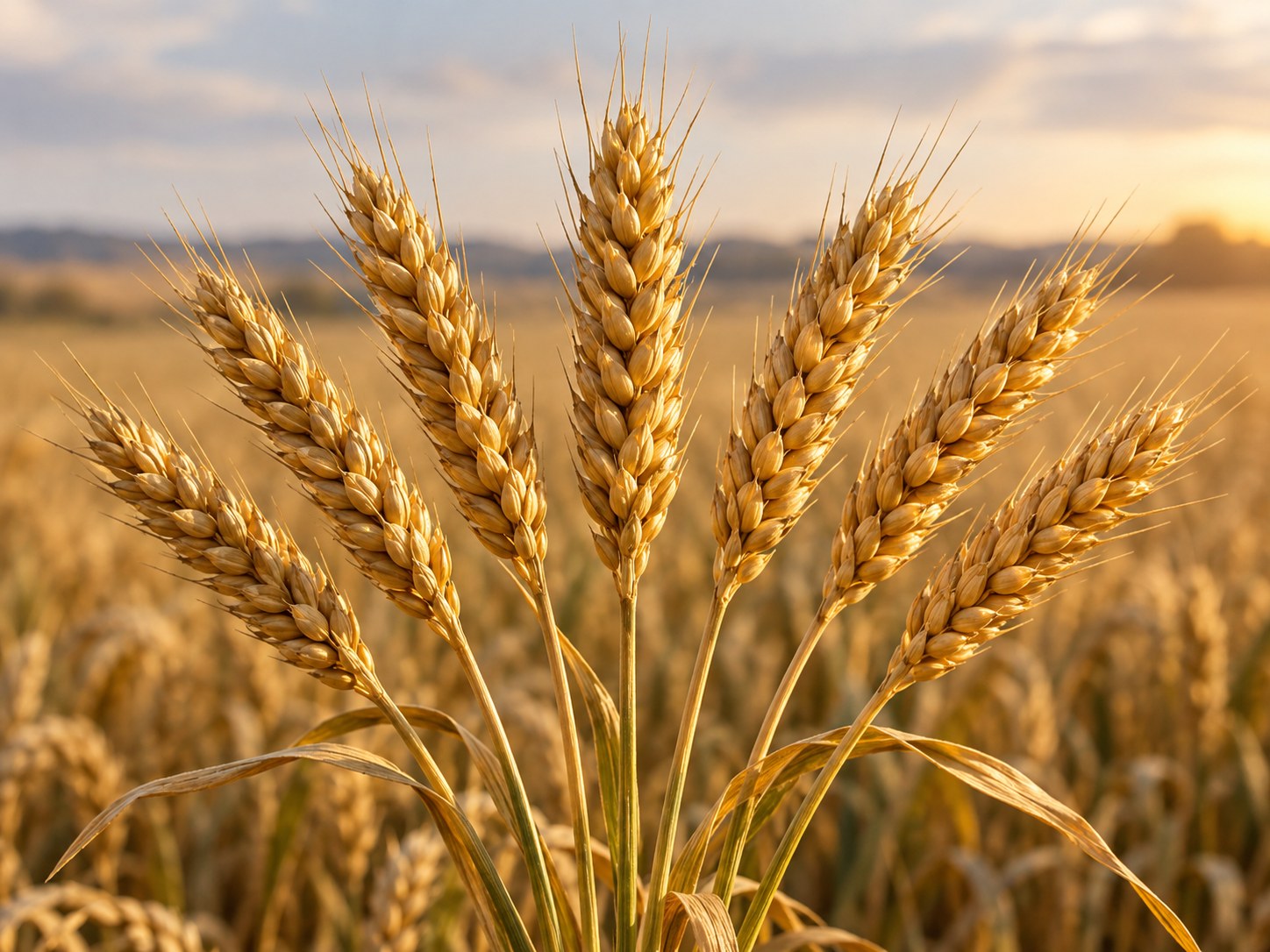 Sete espigas de trigo douradas e graúdas crescendo de um único talo, em close, contra fundo desfocado de campo ao amanhecer.