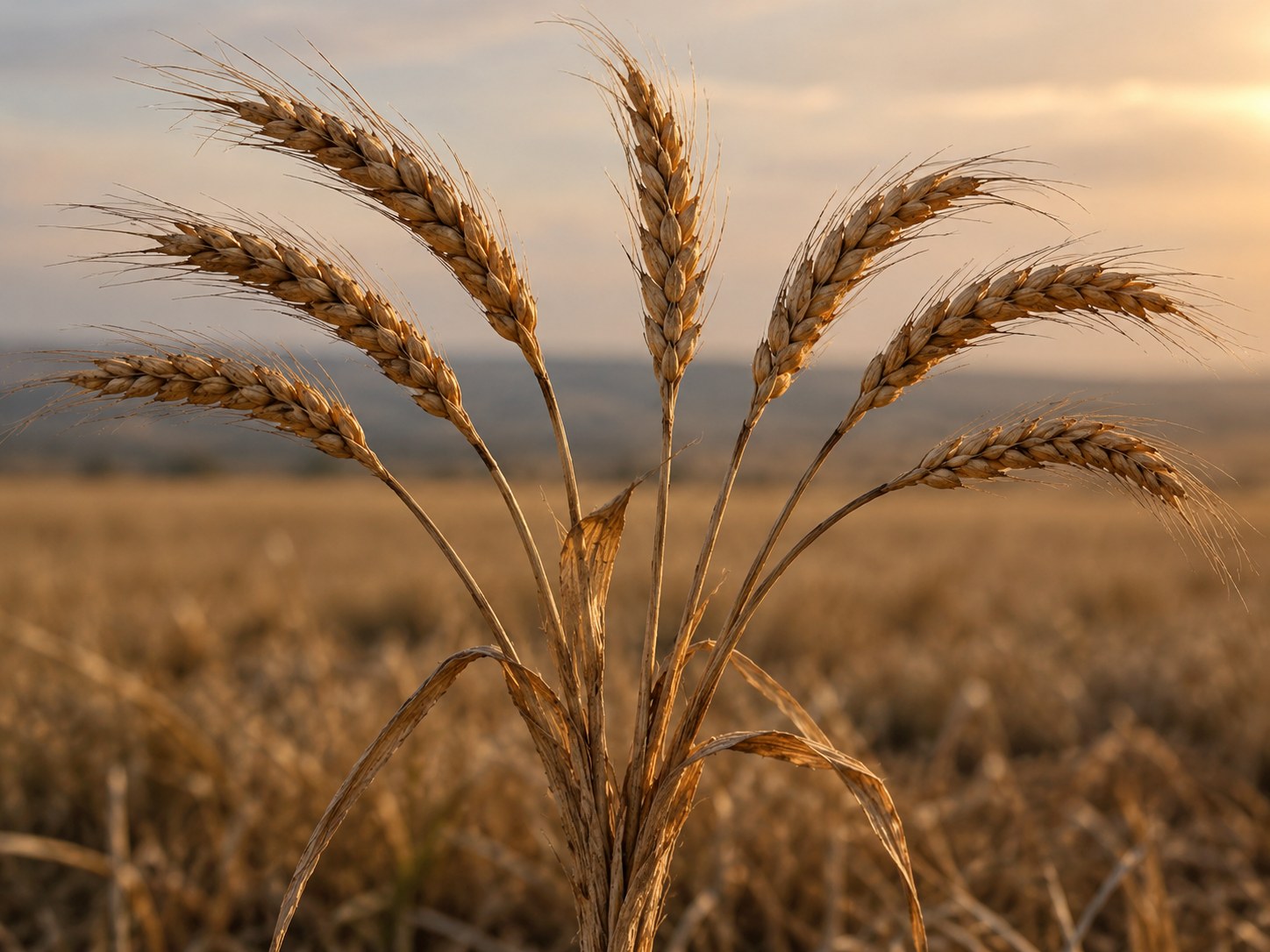 Campo de trigo no Egito antigo com sete espigas cheias e sete espigas finas e ressecadas, sob o vento seco que sobe do deserto