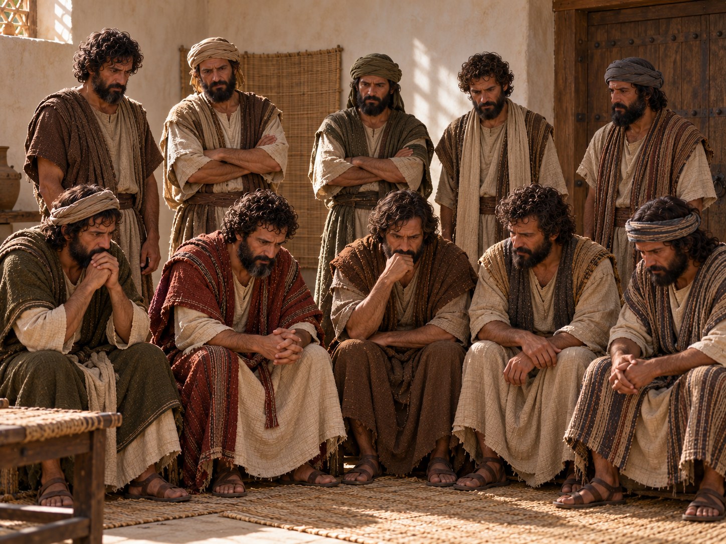 Os dez irmãos de José, sob vigilância de guardas egípcios, esperam dentro de um pátio fechado de tijolos de barro sob o sol do Egito.