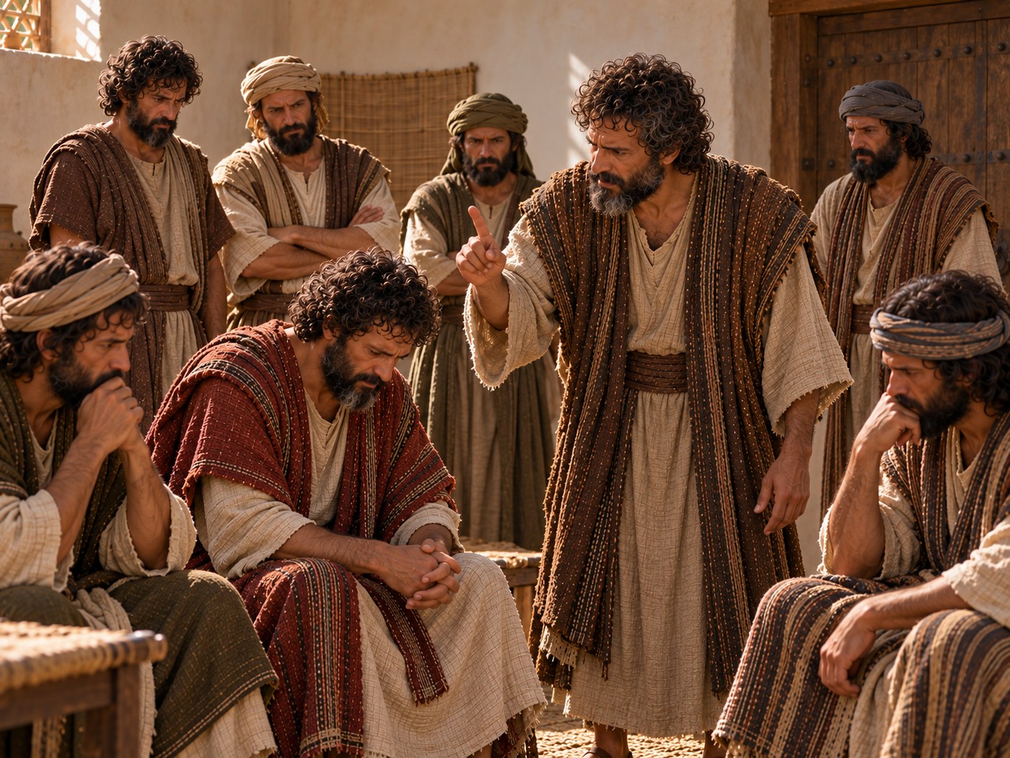 Rúben, de barba grisalha, ergue a voz diante dos irmãos no salão egípcio, apontando para eles, enquanto os outros permanecem calados.