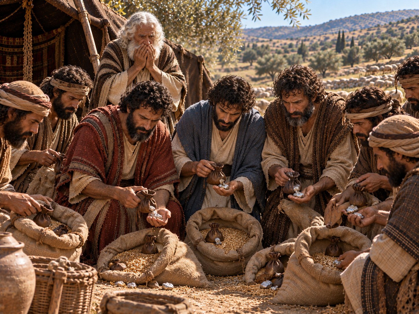 Homens de túnica esvaziando sacos de trigo no chão de terra de uma casa de Canaã, com pequenos pacotes de pano atados aparecendo entre os grãos e um ancião de barba branca observando.