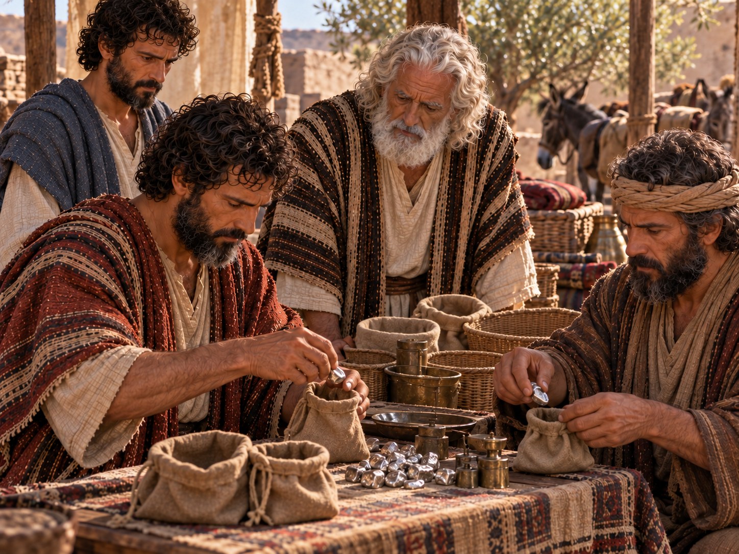 Os irmãos guardando trouxas de prata nas bagagens enquanto Jacó dá instruções, sacos de viagem abertos ao chão.