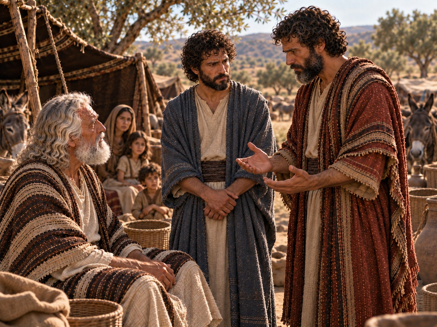 Judá de pé diante de Jacó idoso, dentro da tenda, pedindo que o pai deixe Benjamim descer ao Egito, com os irmãos ao fundo.