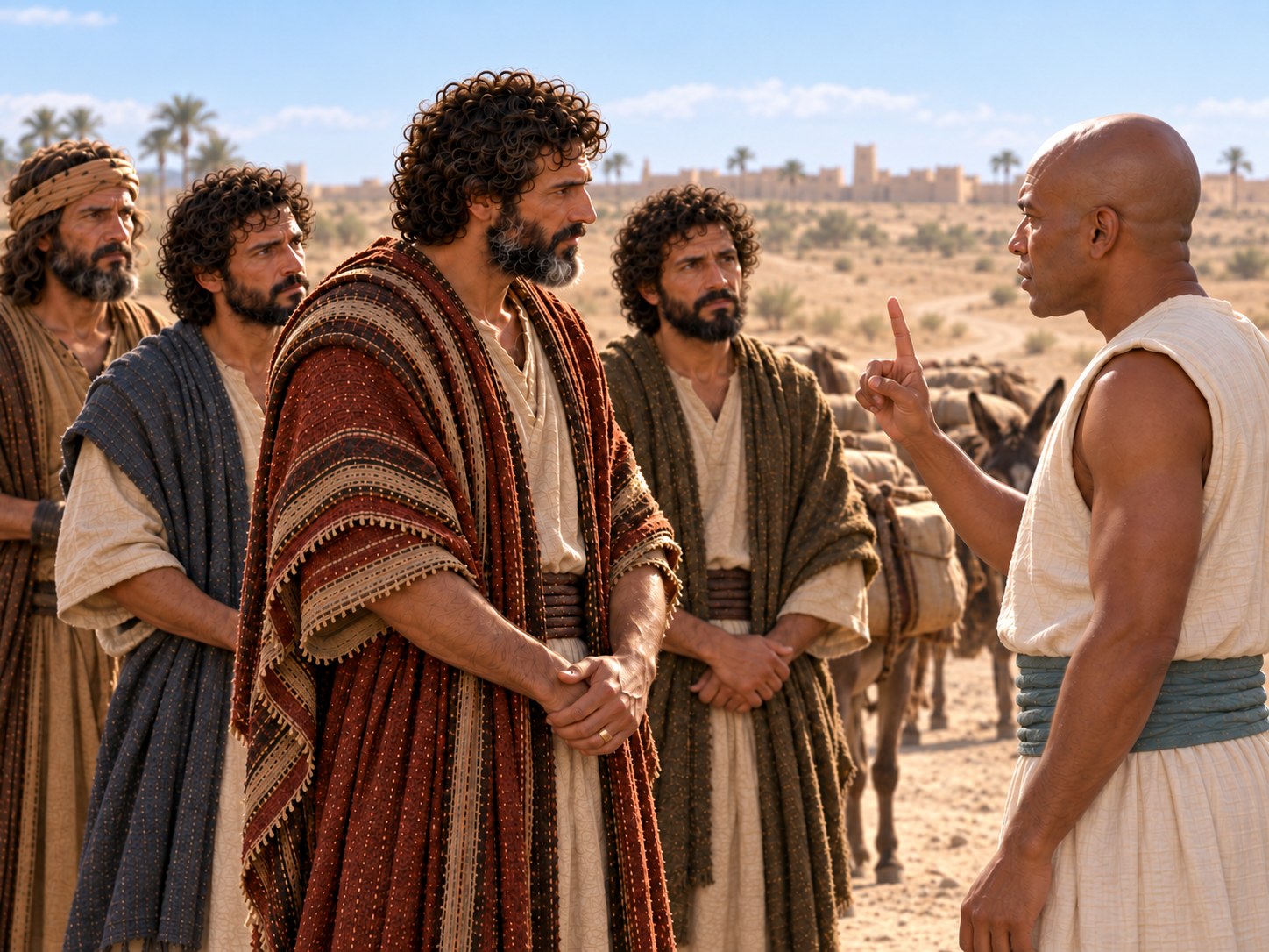 Funcionário egípcio de braços cruzados falando a um grupo de homens parados junto a jumentos carregados, numa estrada de terra.