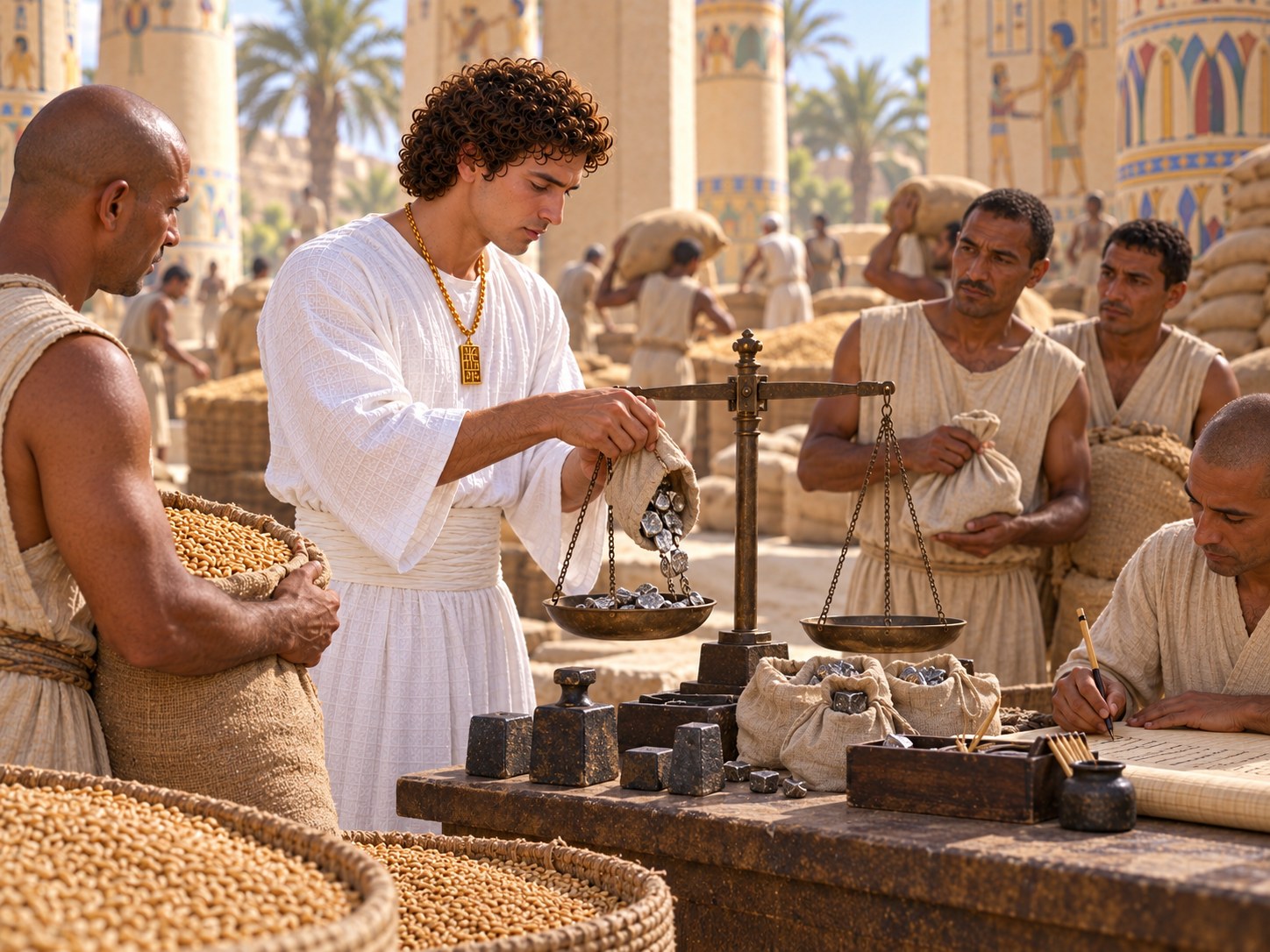 Escribas egípcios pesando fragmentos de prata numa balança de braços diante de sacos de trigo abertos, com José de pé observando o registro.