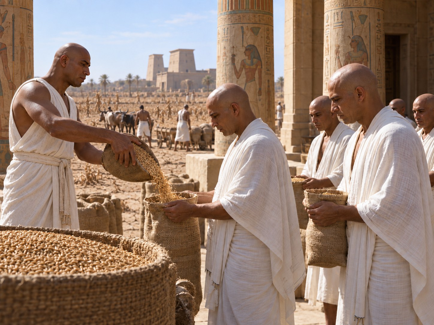 Sacerdotes egípcios recebendo sacos de grão diante do pórtico de um templo, enquanto camponeses aguardam à distância durante a fome.