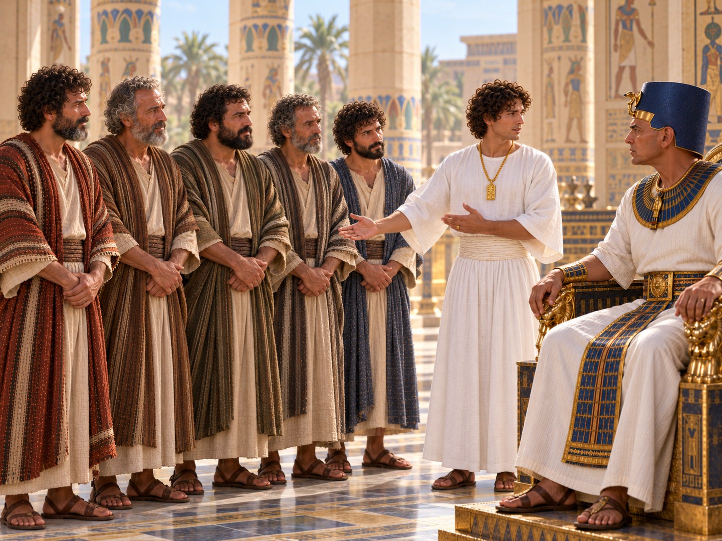 Cinco homens de vestes de pastor, em pé lado a lado numa sala de colunas egípcia, com José um passo à frente e o rei sentado ao fundo.