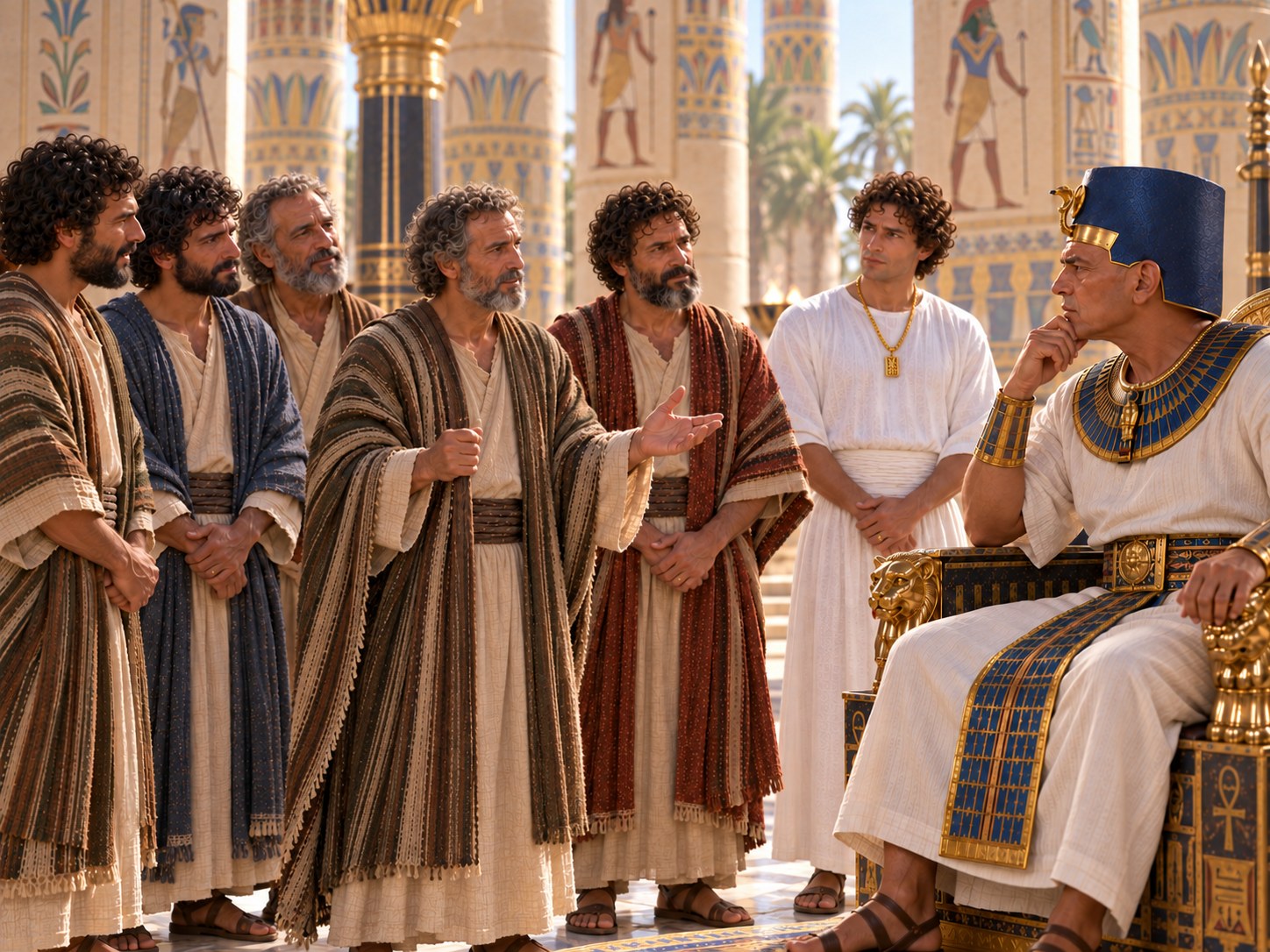 Cinco homens de vestes simples respondendo em pé diante do trono egípcio, com o rei inclinado para ouvir e José imóvel a um lado da sala.