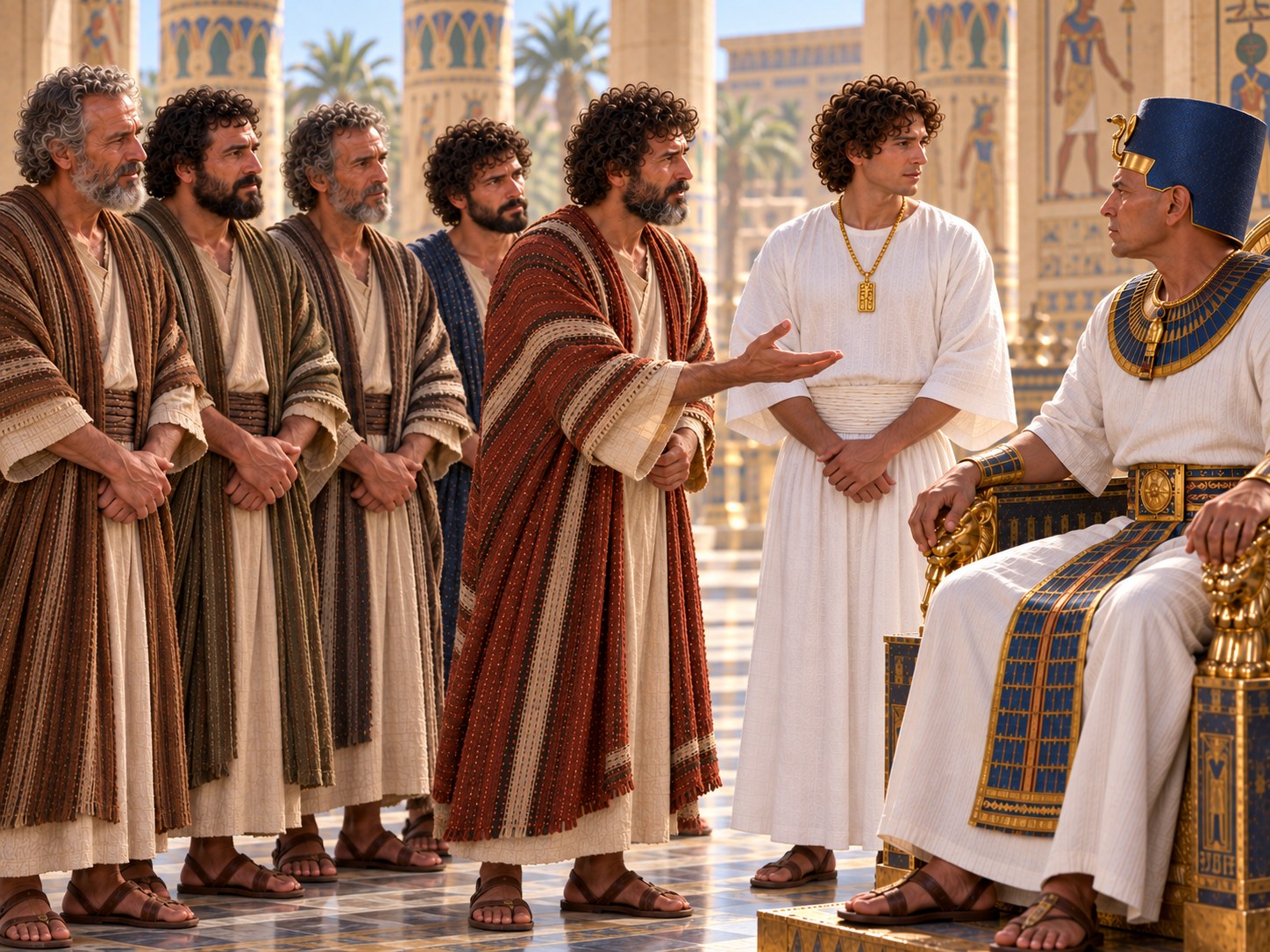 Cinco pastores falando diante do trono egípcio com as mãos abertas, e ao fundo, pela porta, uma planície seca com ovelhas magras.