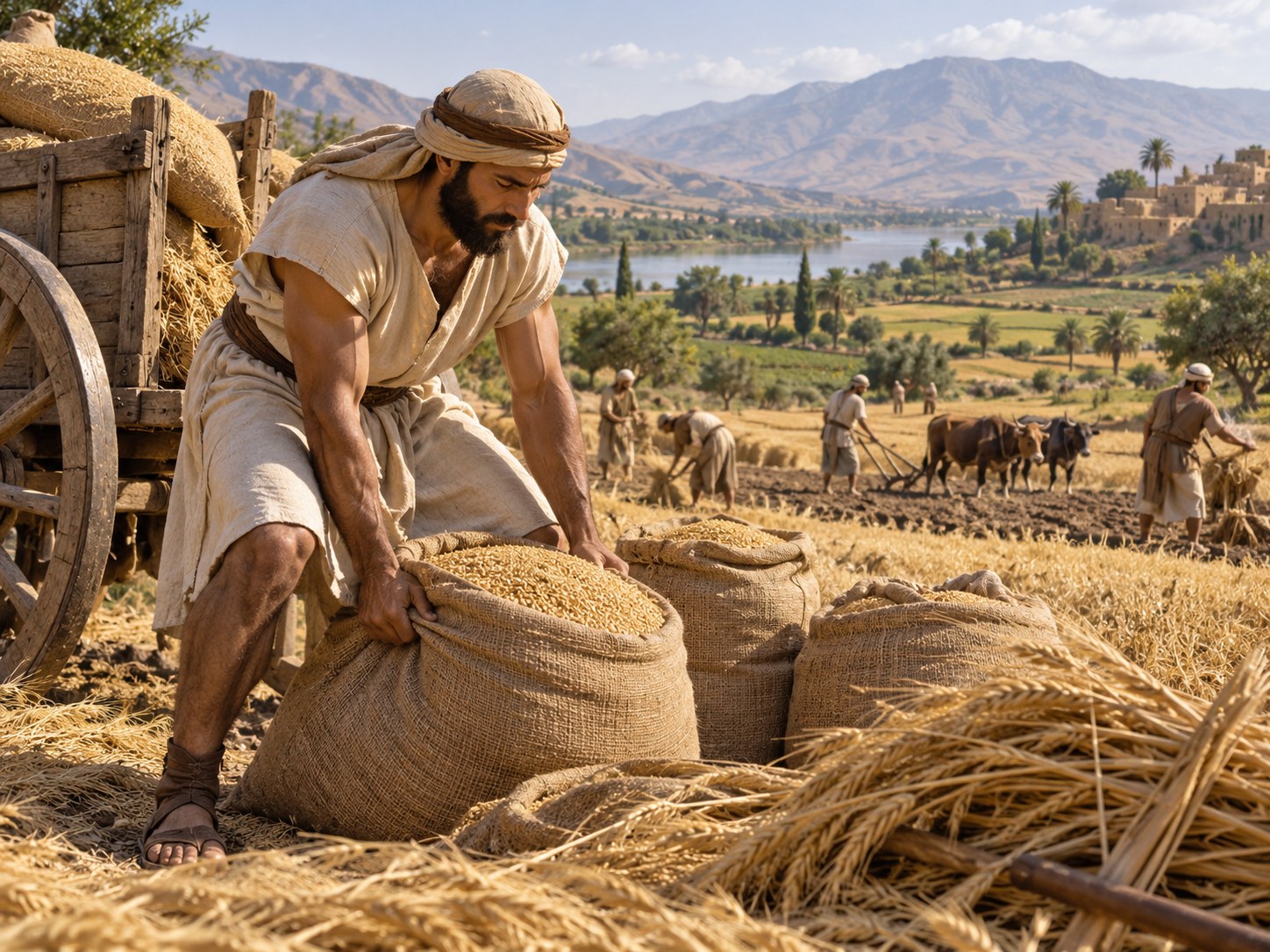 Homens carregando pedras num caminho de terra sob sol forte, ao lado de campos de trigo maduros na planície, com uma cidade fortificada ao fundo.