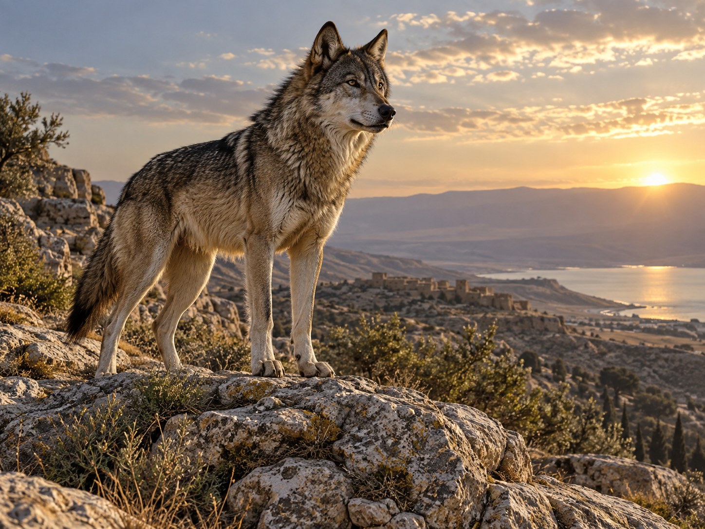 Lobo em pé sobre uma crista de pedra ao amanhecer, com o rebanho ao fundo, na região montanhosa de Canaã.