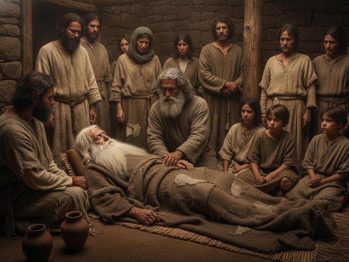Ancião patriarca de barbas longas ao entardecer, cercado por sua família em cenário primitivo da antiguidade.