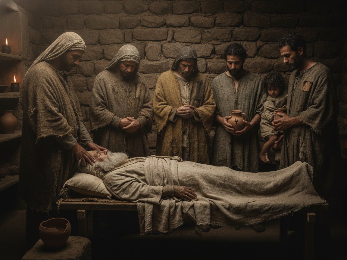 Família em luto sereno ao redor de um velho patriarca falecido, à luz suave de lamparina, em cenário primitivo da antiguidade.