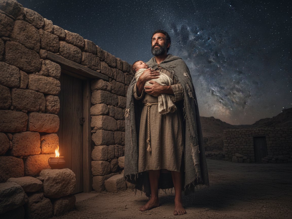 Pai contempla com reverência o filho recém-nascido sob o céu estrelado, em cenário primitivo da antiguidade.