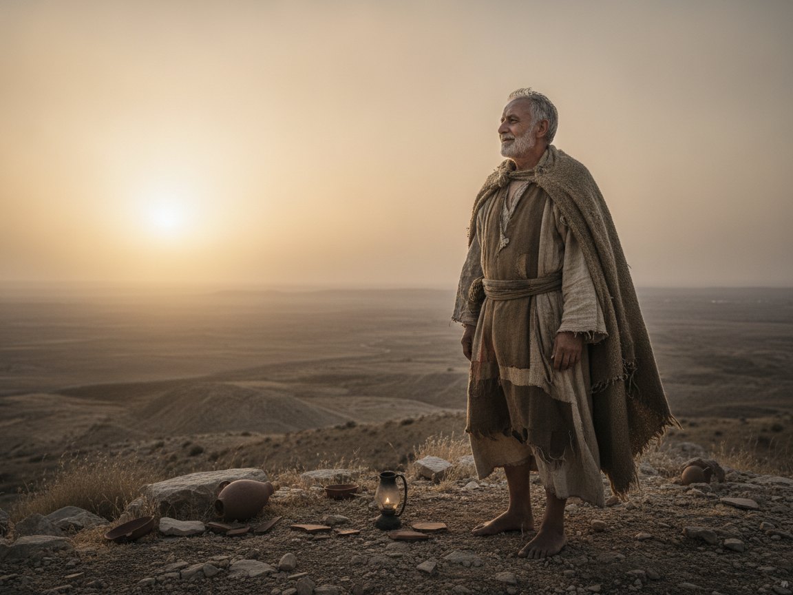 Homem em paz contempla o horizonte ao amanhecer, sozinho com a luz, em paisagem primitiva da antiguidade.