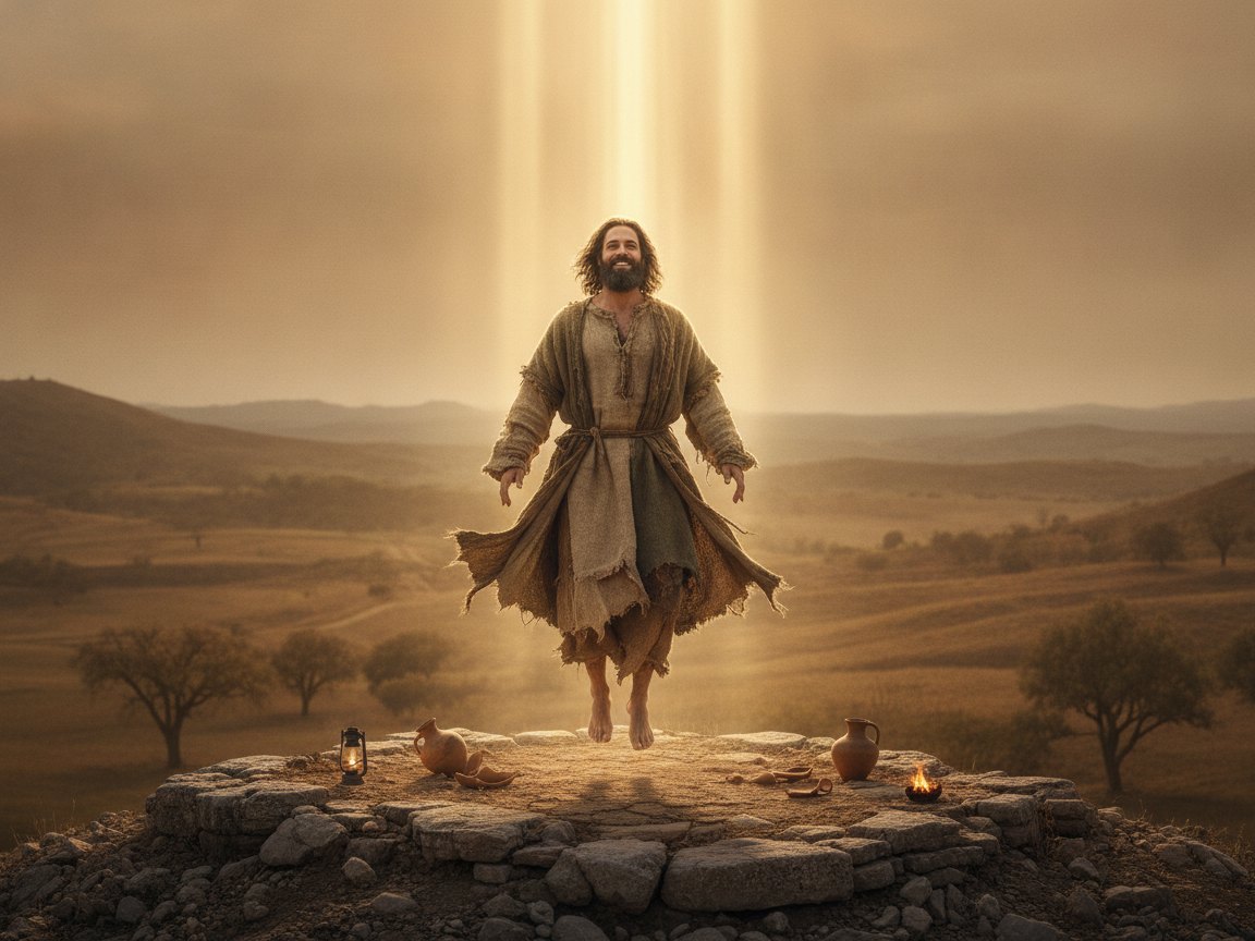 Homem envolto por intensa luz dourada celestial sendo levado para o alto, em paisagem primitiva da antiguidade, em atmosfera de glória.