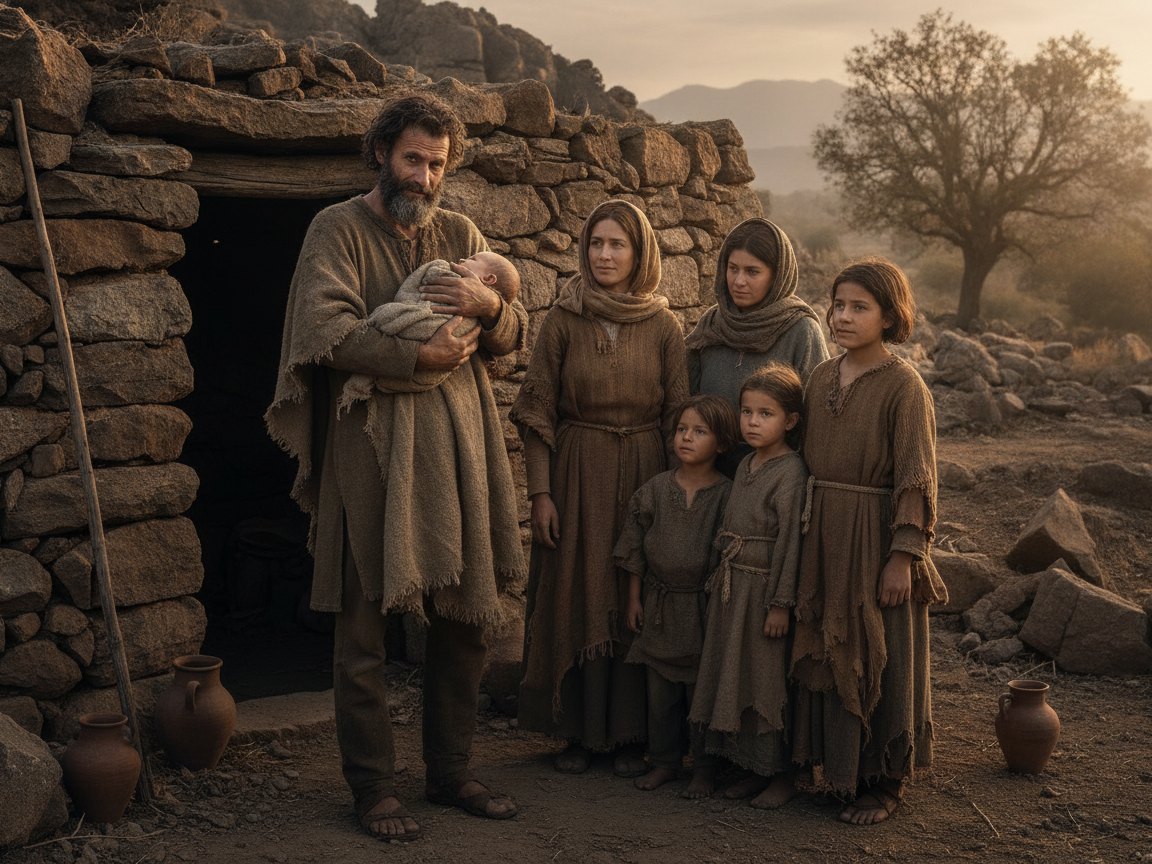 Pai patriarca segura o filho recém-nascido diante da família, em cenário primitivo da antiguidade ao amanhecer.