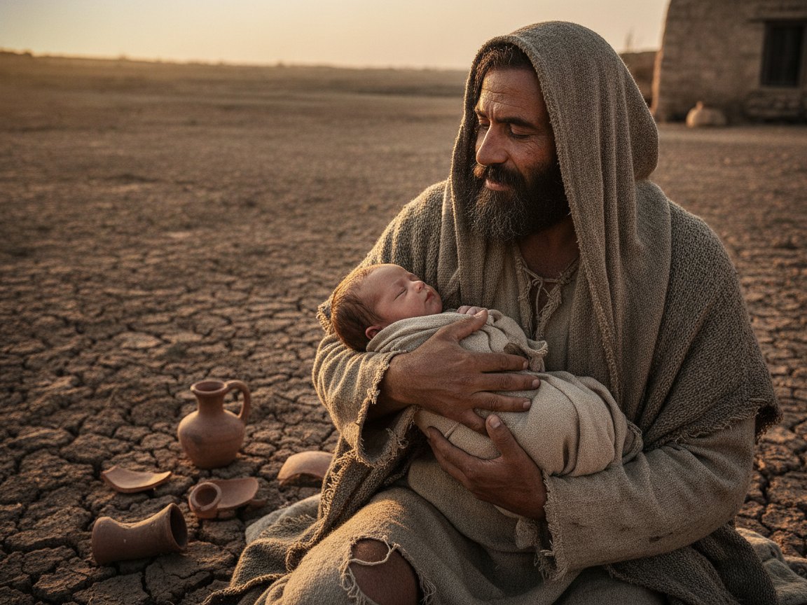 Pai contempla com esperança o filho recém-nascido em um mundo de terra árida e trabalho duro, em cenário primitivo da antiguidade.