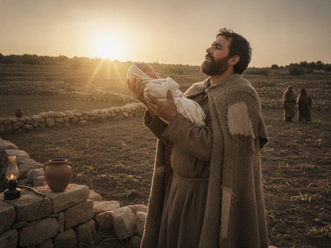 Pai ergue o filho recém-nascido com esperança diante de uma terra árida, ao amanhecer, em cenário primitivo da antiguidade.