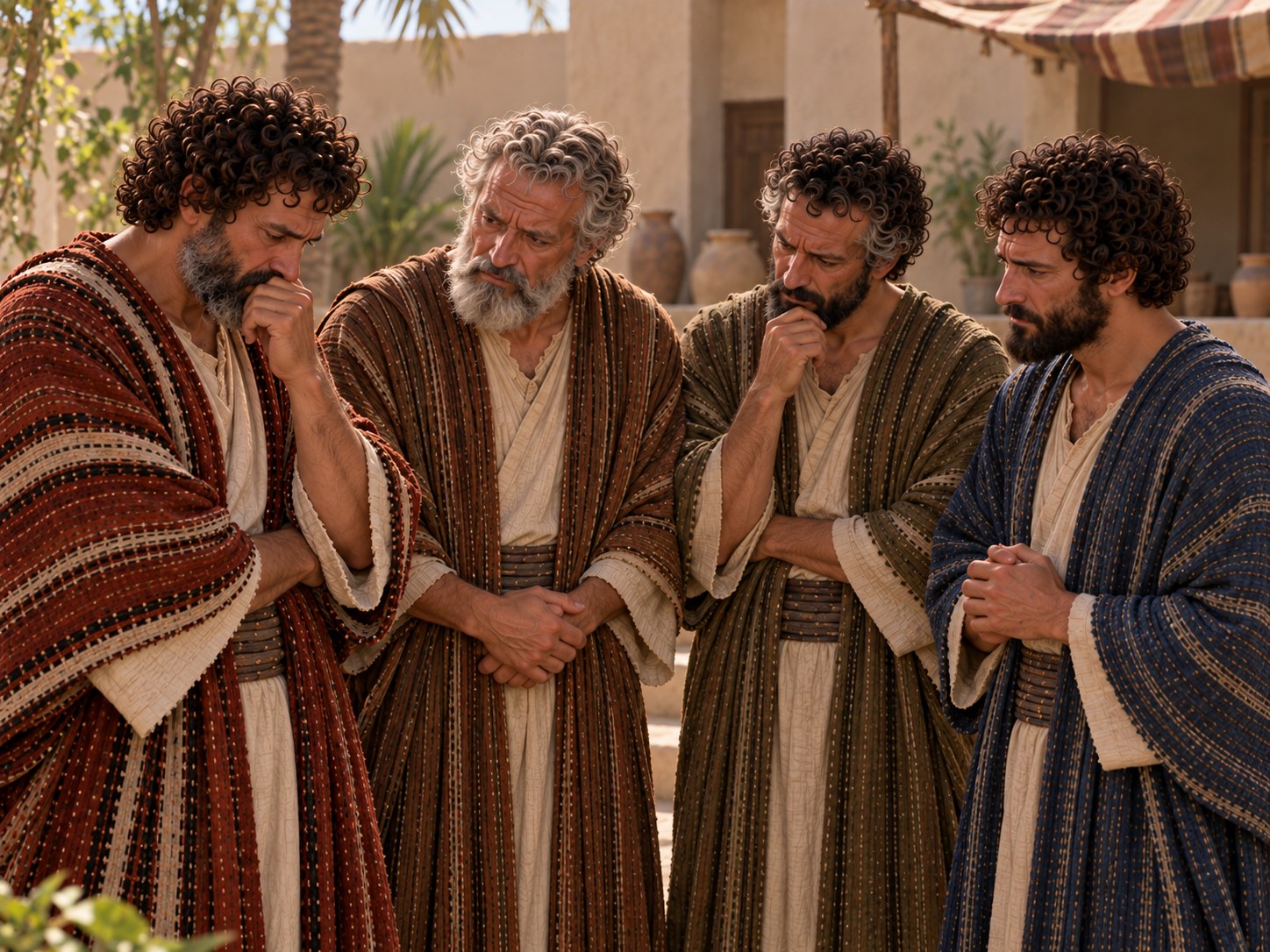 Os onze irmãos de José reunidos e falando em voz baixa entre si, com expressão de apreensão, depois do sepultamento do pai, numa casa do Egito antigo.