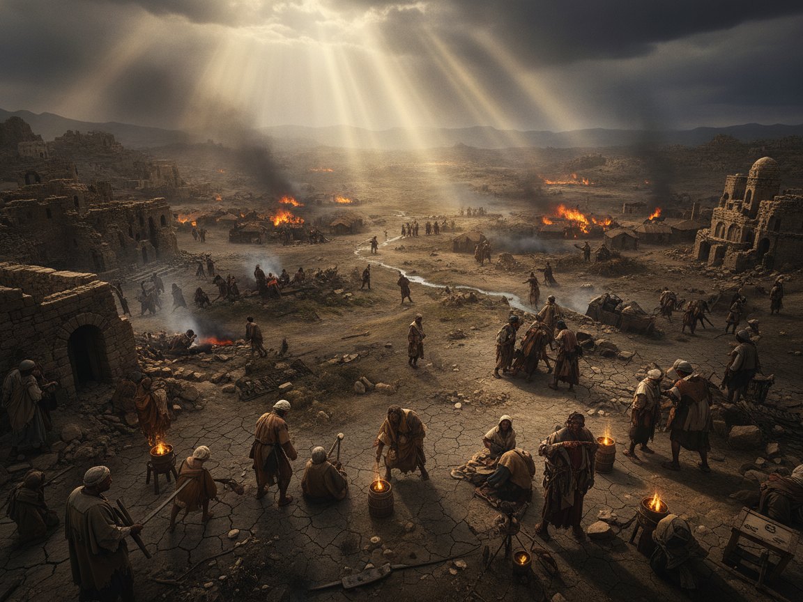Deus contemplando dos céus uma terra outrora boa, agora corrompida e em ruínas, antes do juízo do dilúvio.