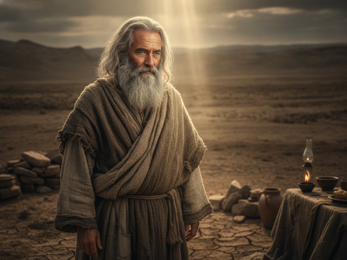Deus falando a Noé, anunciando o juízo sobre uma terra cheia de violência, com a arca começando a ser erguida ao fundo.