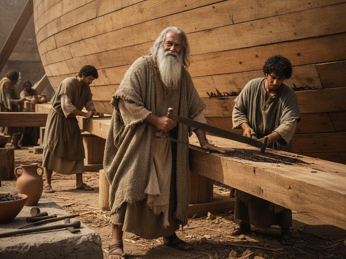 Noé construindo a arca de madeira de gôfer, vedando as tábuas com betume por dentro e por fora, sob um céu carregado antes do dilúvio.