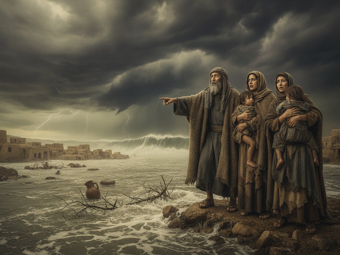 As águas do dilúvio cobrindo a terra sob um céu escuro, com a arca ao longe, ilustrando o juízo anunciado em Gênesis 6:17.