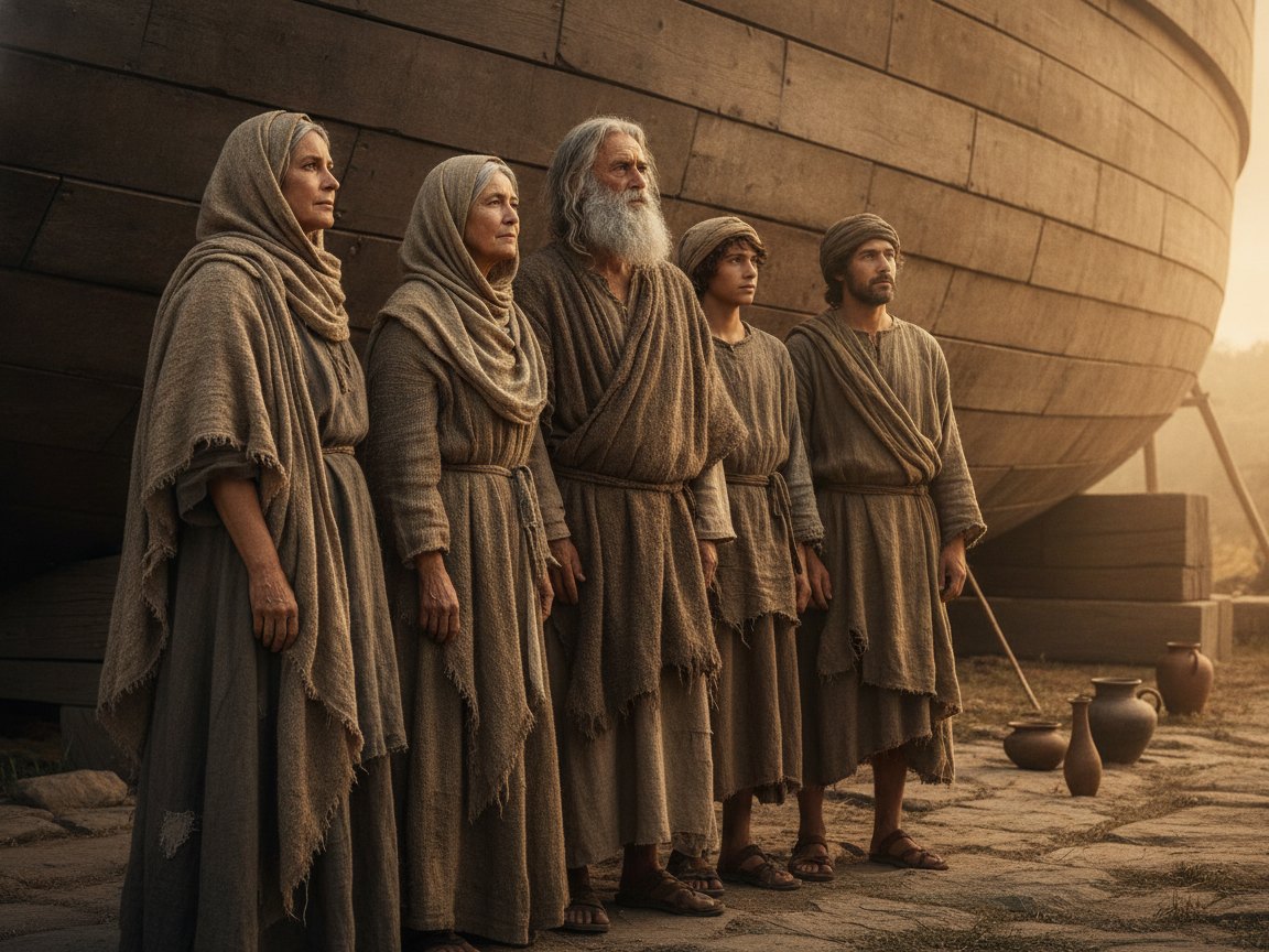 Noé e a sua família diante da arca, sob um raio de luz, recebendo de Deus a promessa da primeira aliança da Bíblia antes do dilúvio.