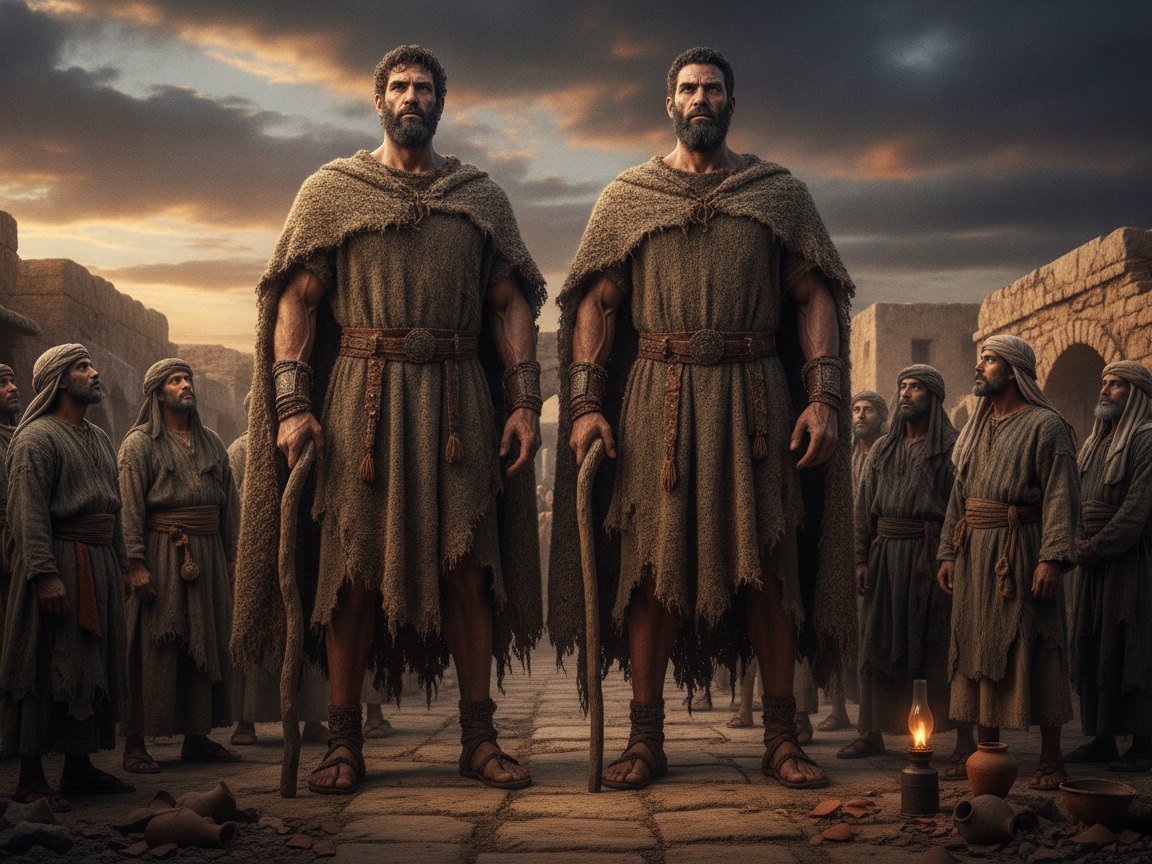 Guerreiros de grande estatura em pé sobre uma terra antiga ao entardecer, figuras heroicas e sombrias diante de um mundo prestes a ser julgado pelo dilúvio.