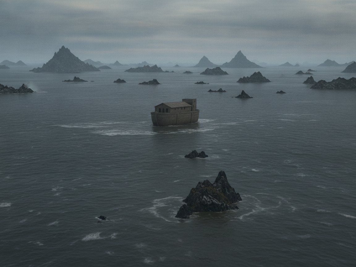 As águas do dilúvio prevalecem quinze côvados acima dos montes submersos, enquanto a arca de Noé passa livre por cima dos cumes cobertos.