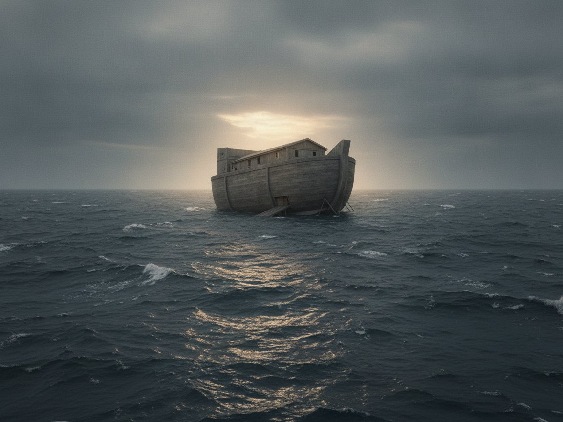 A arca solitária boiando sobre um oceano sem fim ao amanhecer, único ponto de vida numa terra apagada pelas águas.