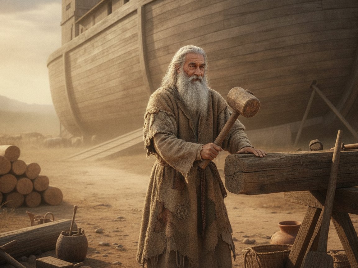 Noé, de mãos calejadas, concluindo a construção da arca em terra seca, tendo cumprido tudo o que o SENHOR lhe mandou.