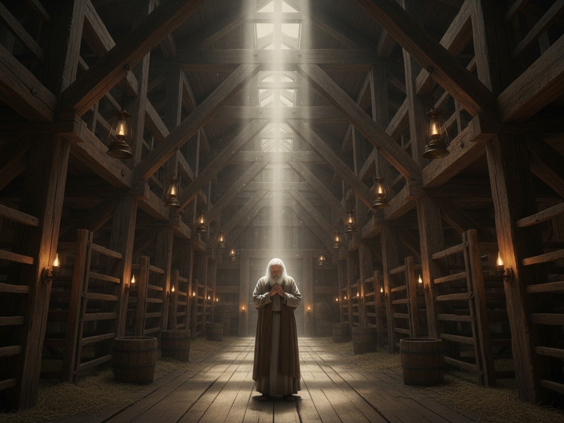 Ilustração de Noé dentro da arca aguardando, com um facho de luz descendo, representando a voz de Deus falando em Gênesis 8:15