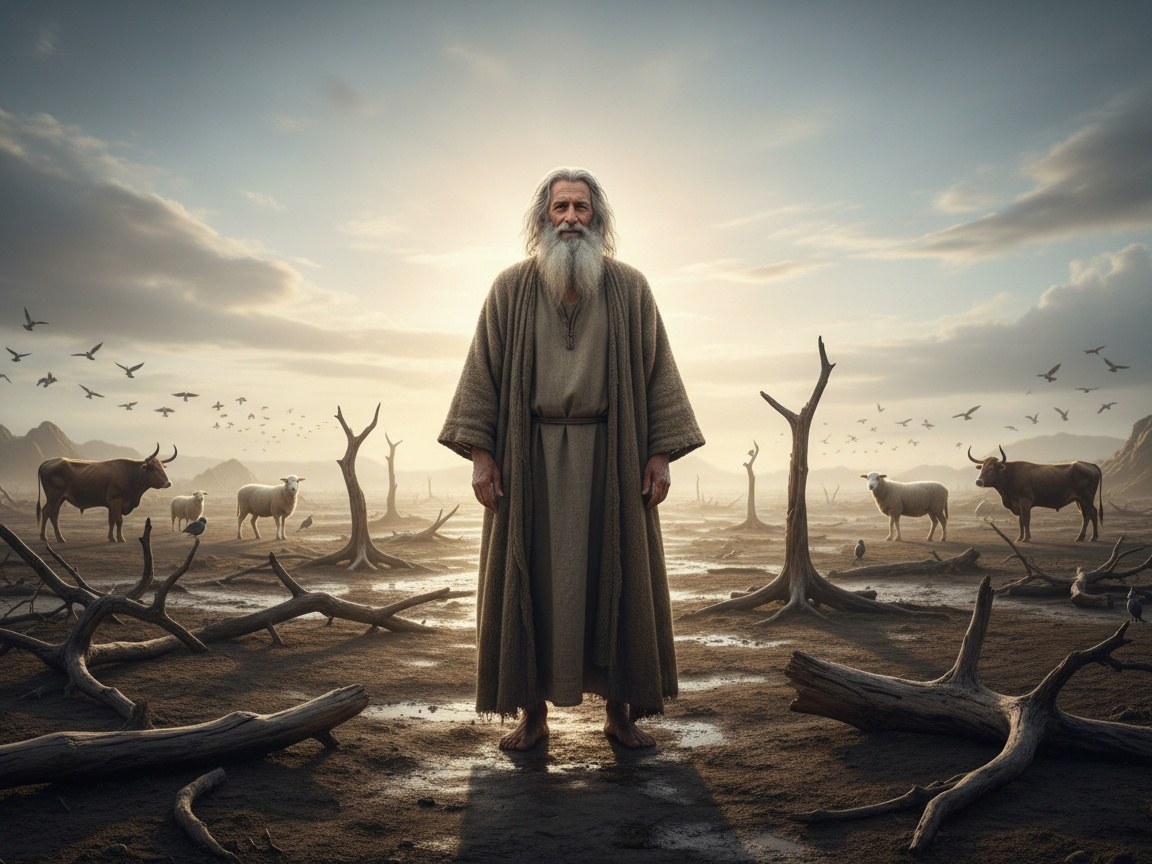 Aves, animais domésticos e feras saindo da arca e se espalhando pela terra renovada após o dilúvio, sob o céu aberto, incluídos na aliança de Deus.