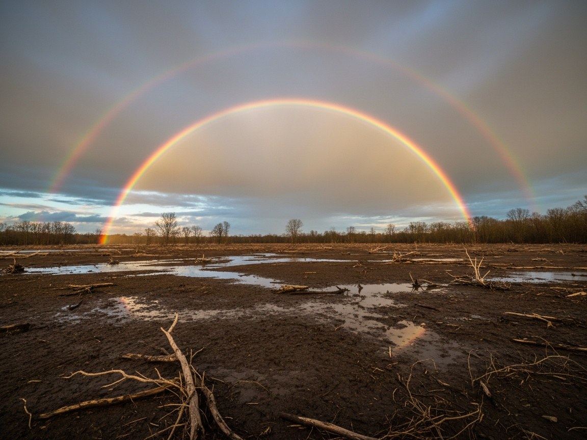 Nuvens escuras de chuva cobrindo a terra enquanto um arco-íris se forma entre elas, com raios de luz atravessando o céu carregado após a tempestade.