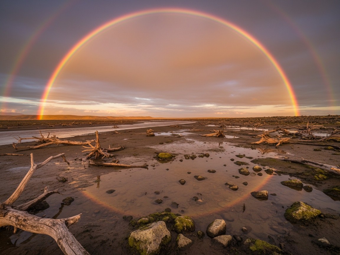 Arco-íris nítido erguendo-se sobre nuvens de chuva ainda escuras, com raios de sol atravessando o céu, sinal da promessa perpétua de Deus feita a toda criatura.