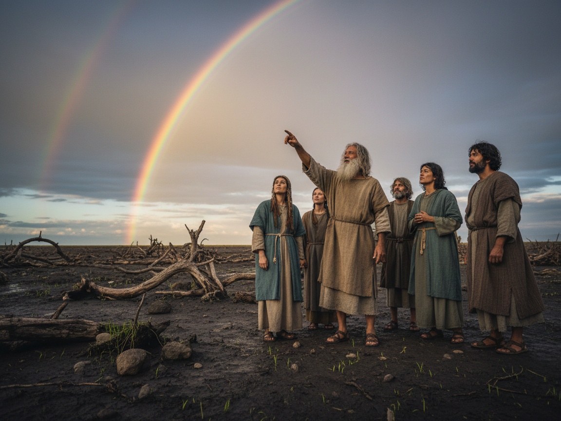 Noé de pé sobre a terra recém-seca, ouvindo a palavra de Deus, com um arco-íris ao fundo cobrindo o horizonte inteiro, selo da aliança com toda a vida.