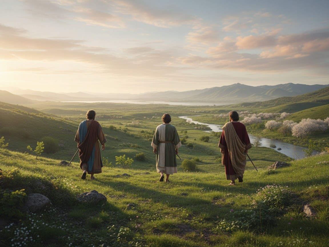 Vista ampla de terras e horizontes distintos ao amanhecer, sugerindo os muitos povos que se espalharam pela terra a partir da família de Noé.