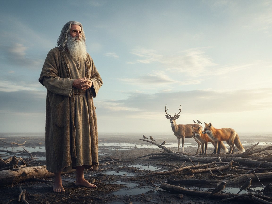 Animais selvagens recuando diante da presença de um homem à beira de um campo após o dilúvio, ilustrando o temor e o pavor que Deus pôs sobre as feras.