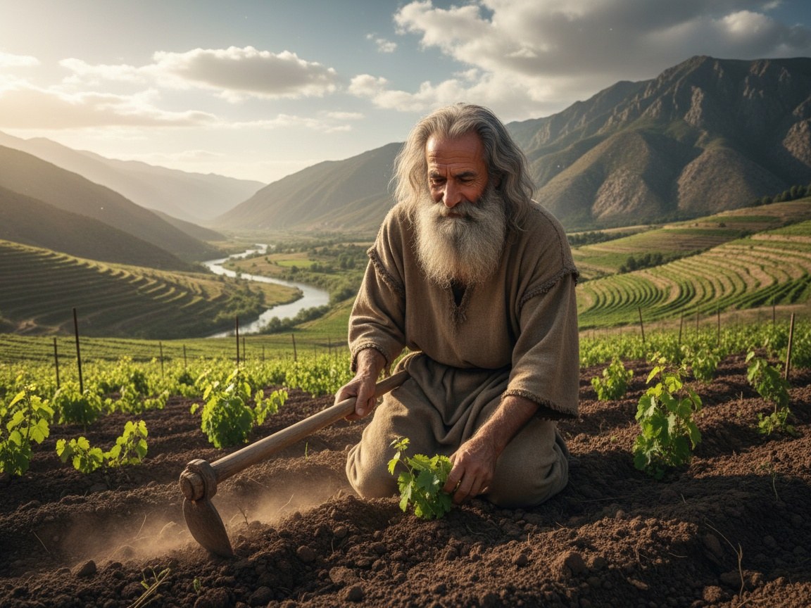 Noé como lavrador, de enxada na mão, plantando as primeiras videiras de uma vinha em terra fértil ao sol da tarde, depois do dilúvio.
