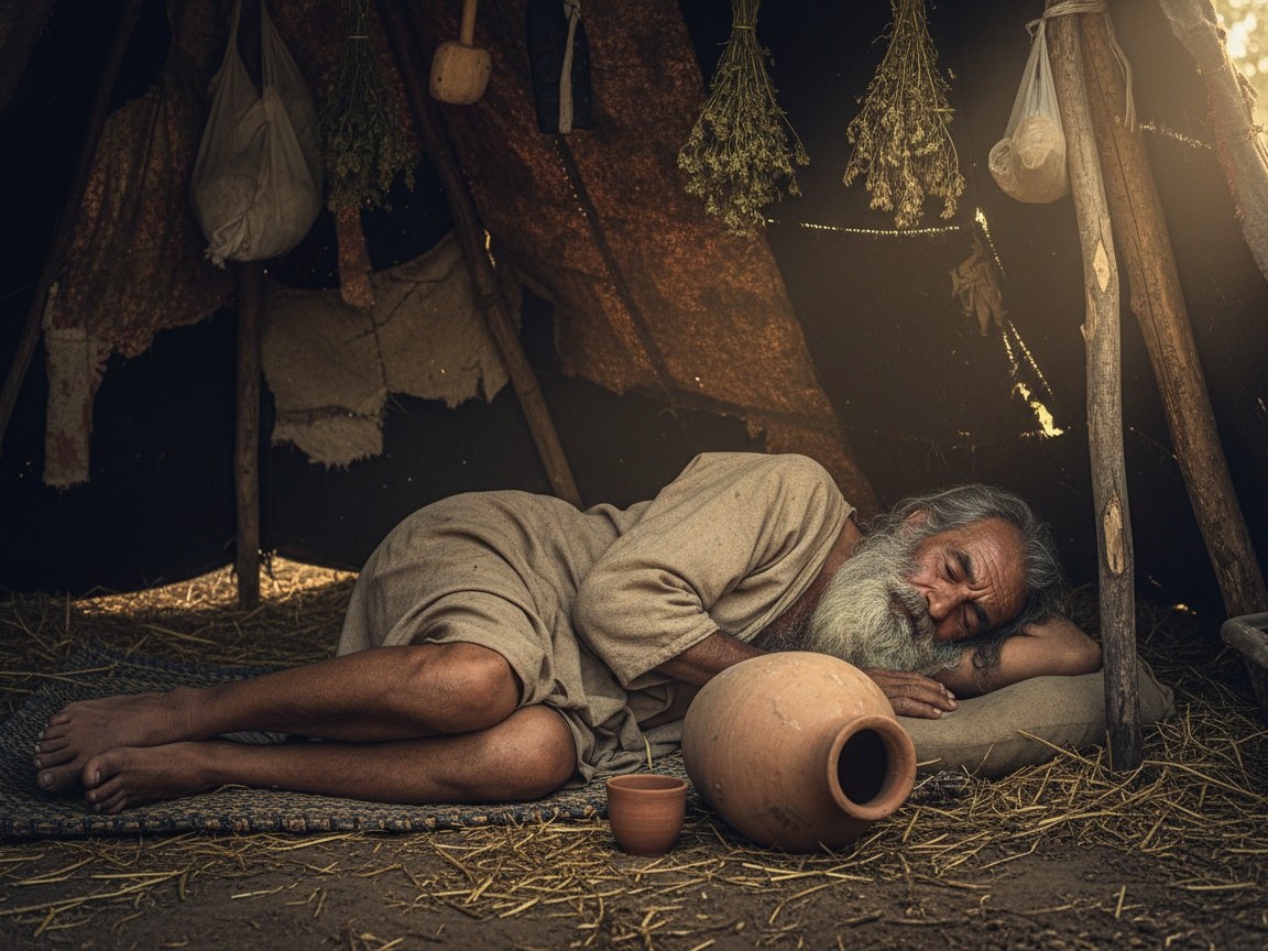 Interior de uma tenda antiga em penumbra, com uma taça e uma jarra de vinho tombadas ao lado, sugerindo a queda de Noé embriagado.
