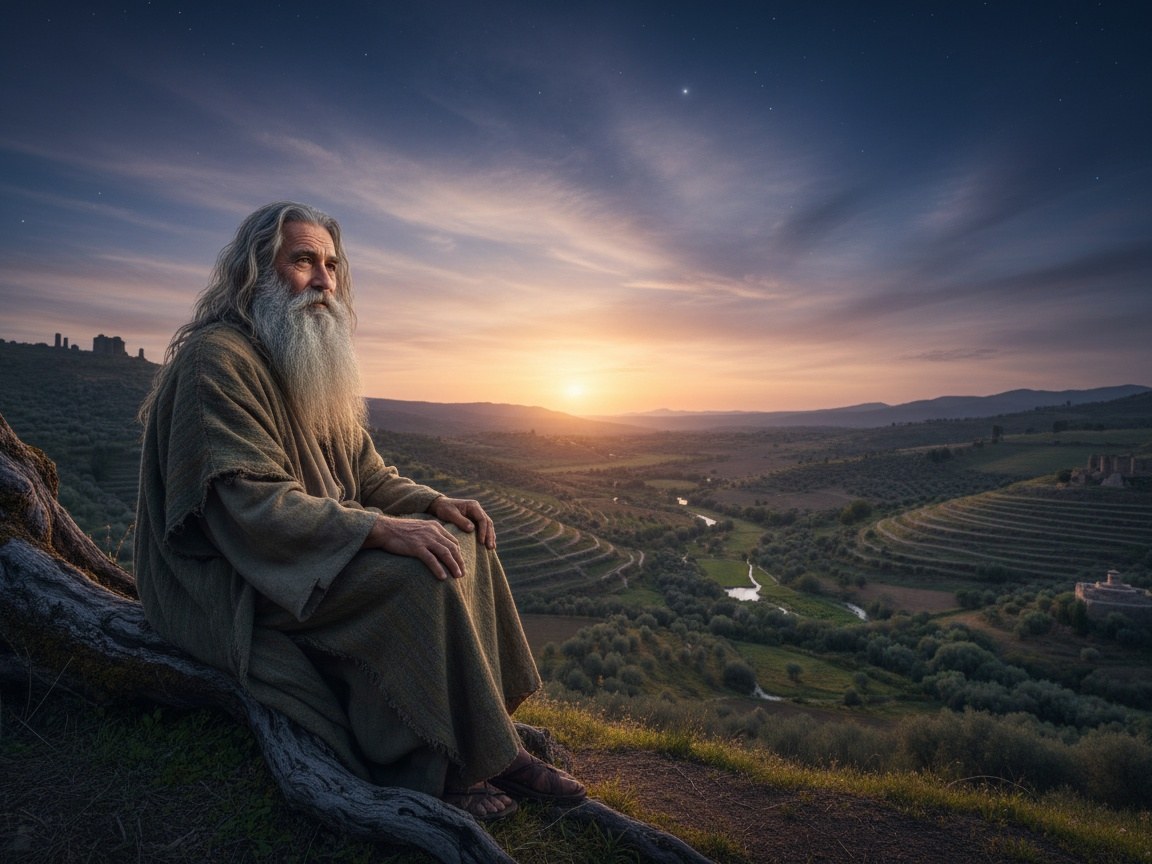 Um túmulo simples de pedra ao entardecer, com a família de Noé reunida em silêncio ao redor, e um arco-íris tênue ao fundo lembrando a aliança, encerrando com dignidade a vida do patriarca.