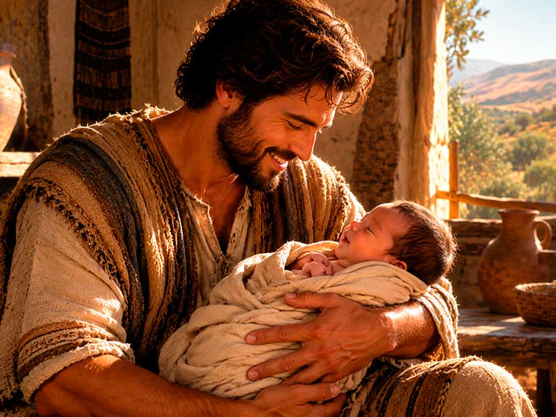 Enos segurando Cainã recém-nascido, representando a terceira geração da linhagem piedosa em Gênesis 5:9.