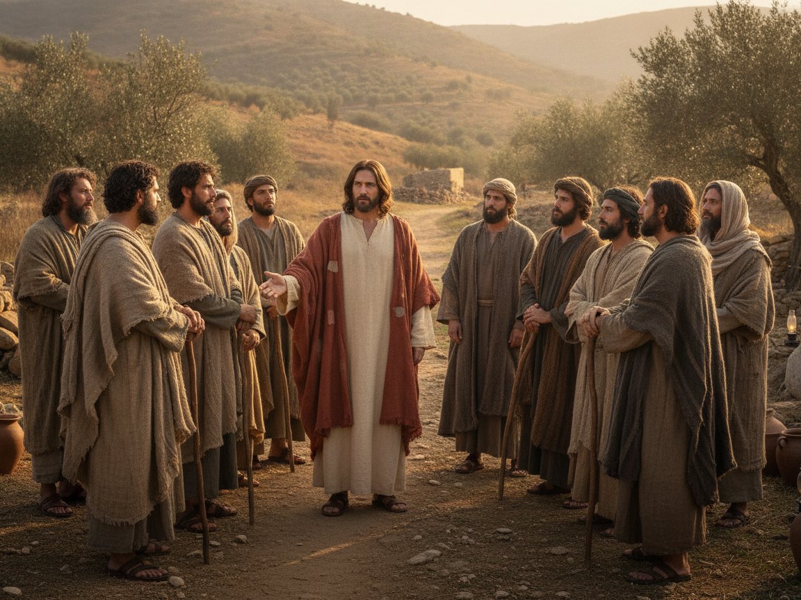 Jesus, de túnica creme e manto vermelho, reúne ao redor de si doze homens em roupas rústicas, numa encosta ao amanhecer.