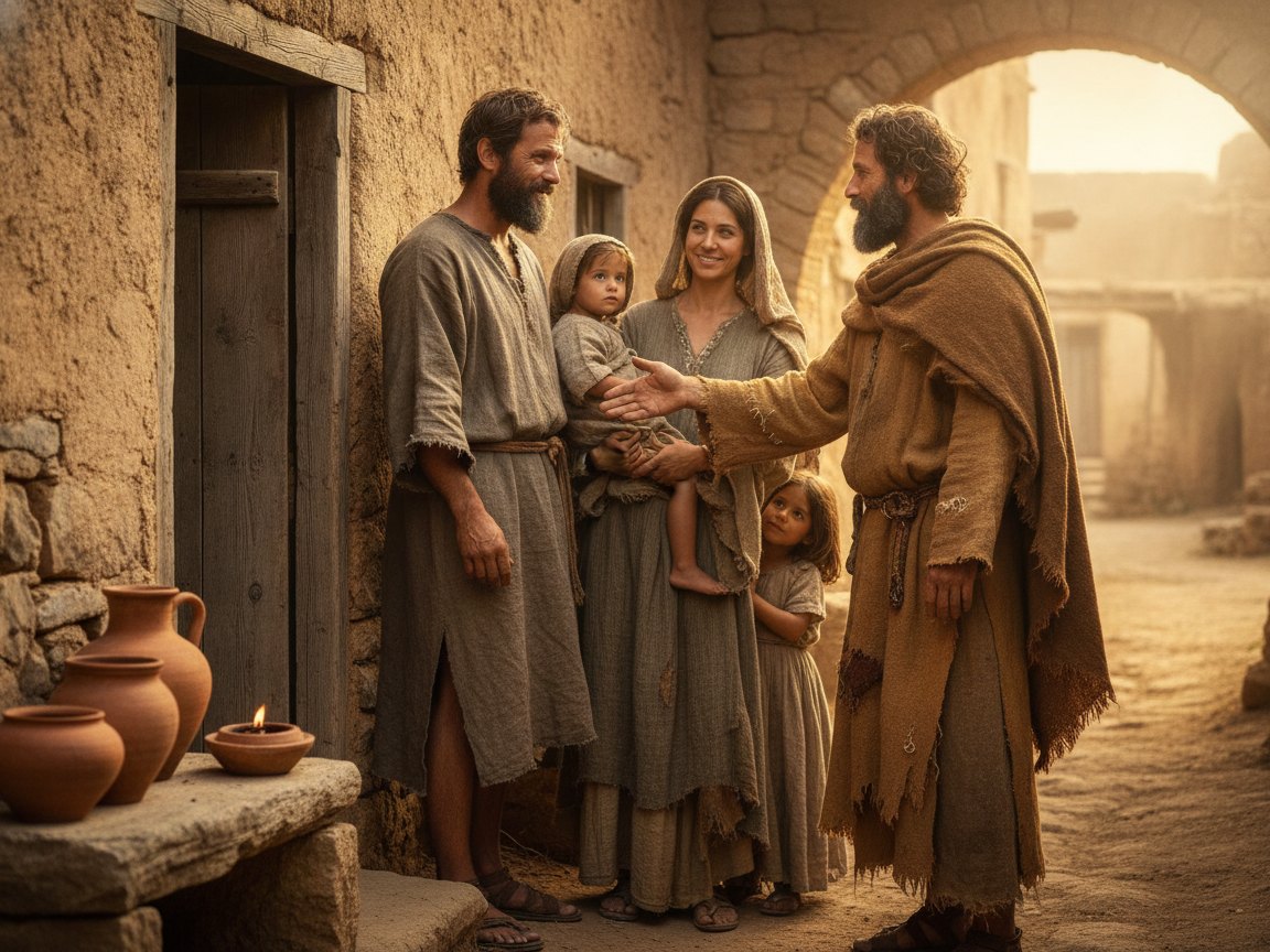 Discípulo em roupas rústicas saúda com gesto de paz uma família à porta de uma casa simples, luz acolhedora.