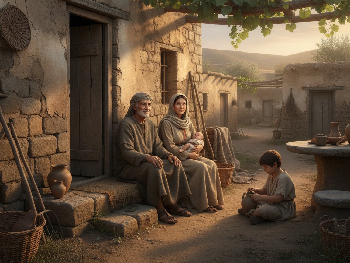 Discípulo em roupas rústicas abençoando uma família acolhedora à porta de uma casa simples, luz cálida de paz.