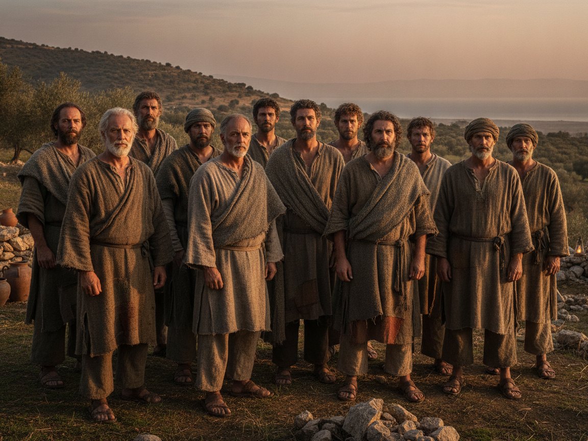 Quatro pescadores em roupas rústicas ao lado de Jesus junto ao mar da Galileia, ao amanhecer.